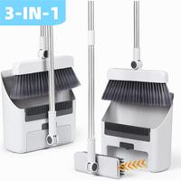 Household broom and dustpan set, long handle brush office indoor and outdoor cleaning, space saving upright broom and dustpan...