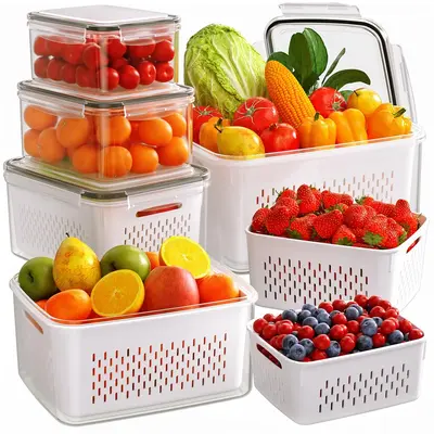 Fruit & Vegetable Storage Box, 6 Counts Double Layer Drainage Box,Kitchen Accessories Storage Organizer, Household Essentials...