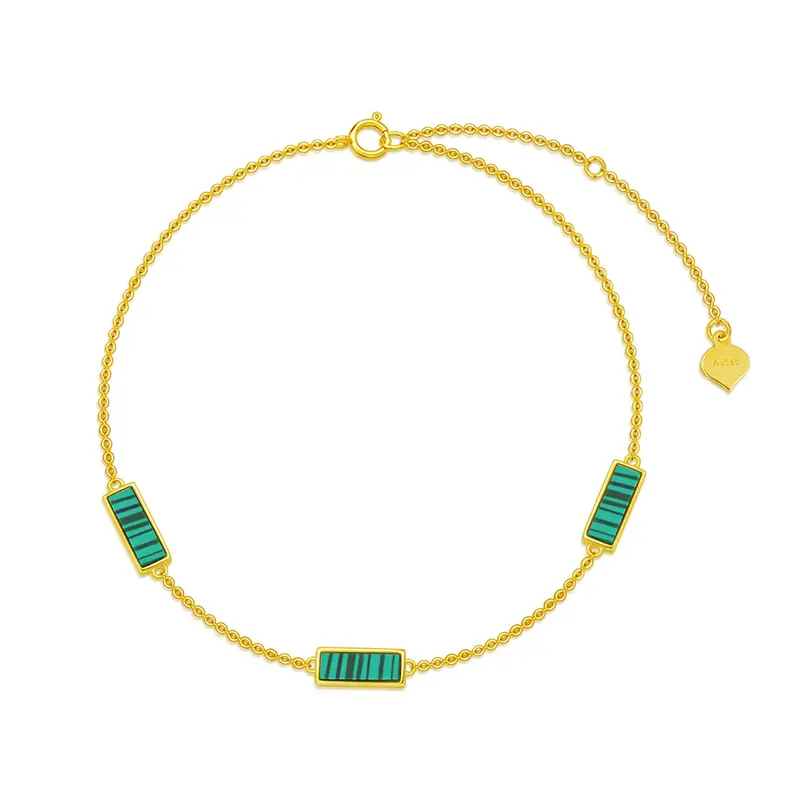 14K Gold Princess-square Shaped Malachite Charm Bracelet