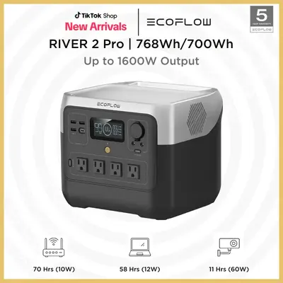 RIVER 2 Pro, 700/768Wh,  4X800W (X-Boost 1600W) AC Outlets, EcoFlow Portable Power Station LiFePO4 Battery, 70 Min Fast Charg...