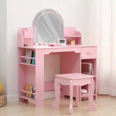 Garvee Kids Vanity with Lighted Mirror & Stool, Little Girls Vanity and Wooden Makeup Playset with Adjustable LED Light, Book...