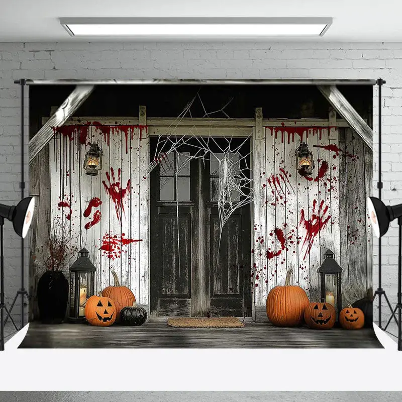 Retro Wood House Bloody Handprint Halloween Backdrop