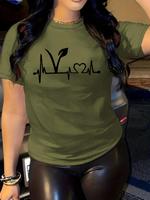 Women's Heart Print Round Neck Graphic Tee, Casual Short Sleeve Crew Neck T-Shirt for Summer, Fashion Women's Top for Daily W...