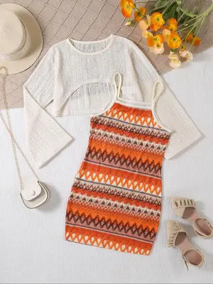 Girl's Solid Crop Top & Random Print Cami Dress Two-Piece Set, Casual Fashion Cozy Knitwear for Daily Outdoor Wear, Kids Clot...