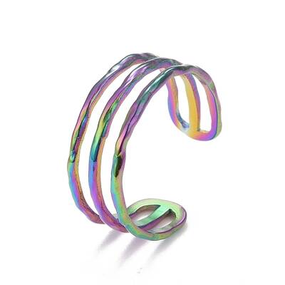 Ion Plating(IP) Rainbow Color 304 Stainless Steel Triple Line Open Cuff Ring for Women