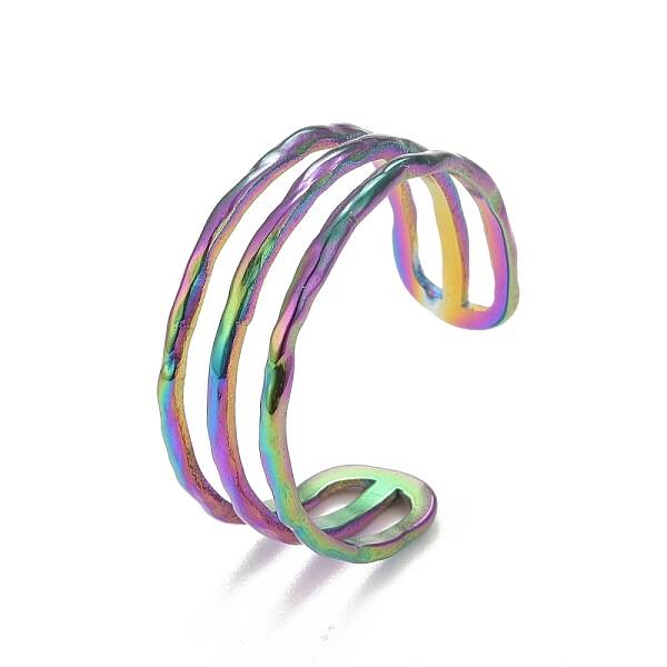 Ion Plating(IP) Rainbow Color 304 Stainless Steel Triple Line Open Cuff Ring for Women