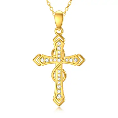 14K Gold Cubic Zirconia Cross Infinity Symbol Necklace for Women