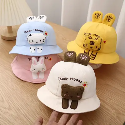 Infant Boys Girls Fisherman Hat 3D Plush Cartoon Animal Bear/Dog/Tiger/Rabbit Wide Brim Sun Protection Cap Sunscreen Basin Ha...