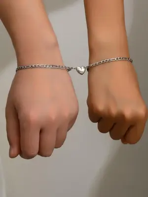 Fashion Heart Charm Magnetic Matching Couple Bracelet for Girlfriend, Casual Adjustable Two-tone Bracelet for Women & Men, Fa...