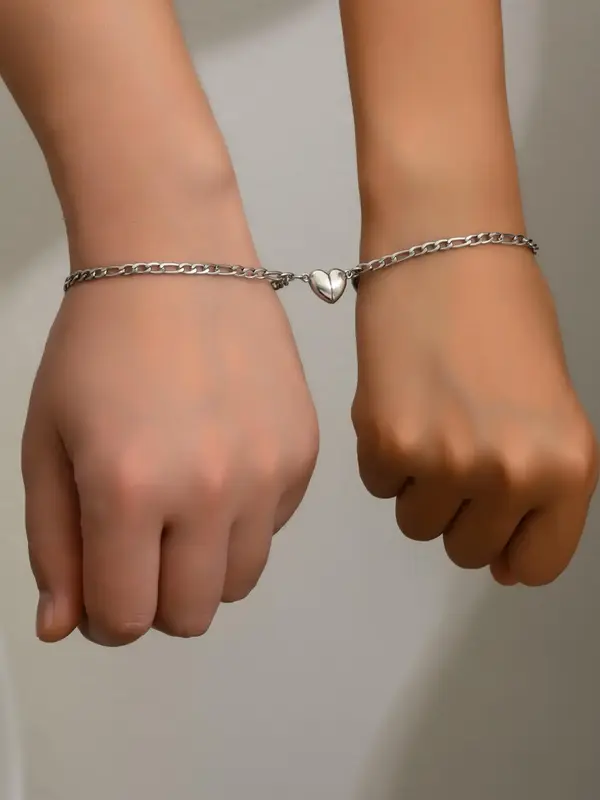 Fashion Heart Charm Magnetic Matching Couple Bracelet for Girlfriend, Casual Adjustable Two-tone Bracelet for Women & Men, Fa...