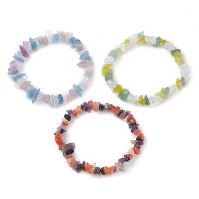 3Pcs 3 Style Natural & Synthetic Mixed Stone Chips Beaded Stretch Bracelets Set