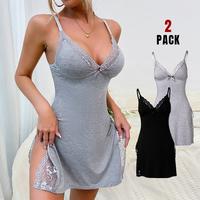 ChicMe Women's 2-Pack Lace Trim Side Slit Bowknot Decor Modal Cami Sleep Dress