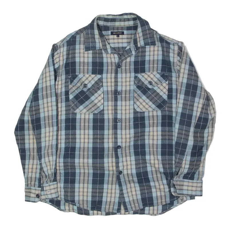 NET SPORT Flannel Shirt Blue Plaid Long Sleeve Mens L