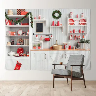 Aperturee White Kitchen Holiday Decor Merry Christmas Backdrop