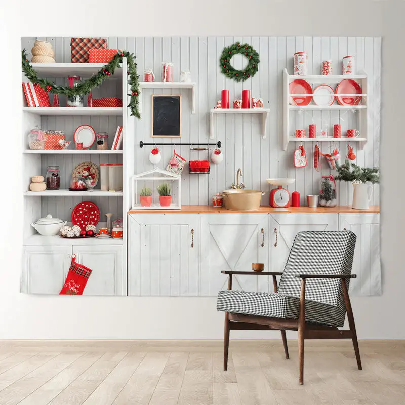 Aperturee White Kitchen Holiday Decor Merry Christmas Backdrop