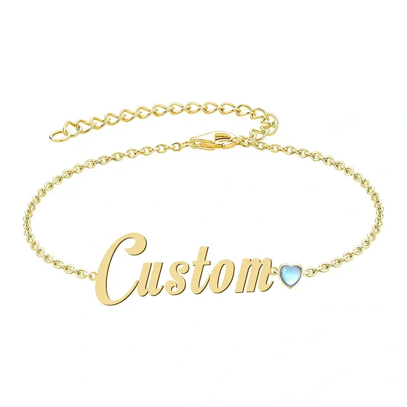 14K Gold Cubic Zirconia Personalized Birthstone Classic Name Charm Bracelet for Women