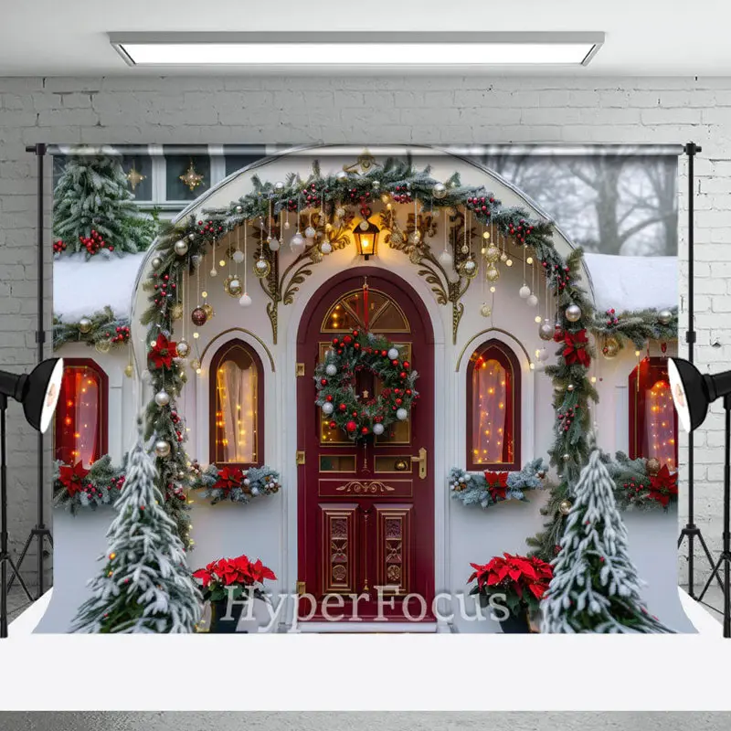 Snowy White House Red Door Christmas Vibe Backdrop - Aperturee