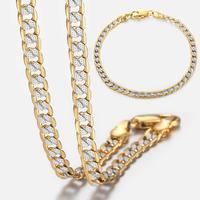 4mm Cuban Necklace For Men Women Silver Color Yellow Gold Color Flat Hammered Curb Link Chain Bracelet Jewelry Set 18-24inch