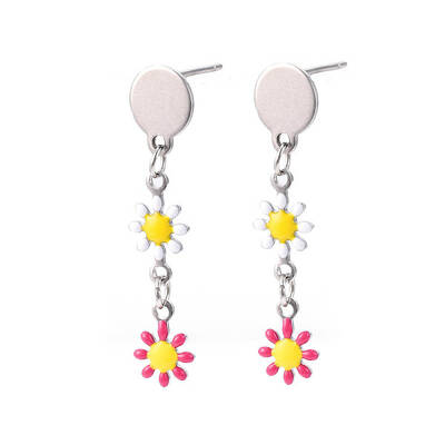 Flower Enamel Long Dangle Stud Earrings