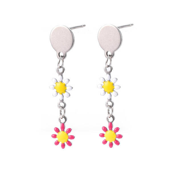 Flower Enamel Long Dangle Stud Earrings