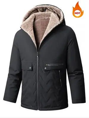 Men's Full-zip Fleece Lined Hooded Heated Winter Jacket, Zipper Pocket Long Sleeve Thickened Thermal Coat for Men, Men's Oute...