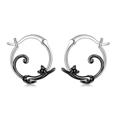 Sterling Silver Two-tone Cat Hoop Earrings