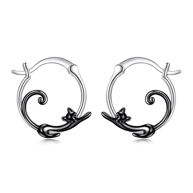 Sterling Silver Two-tone Cat Hoop Earrings