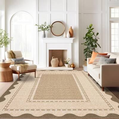 Garvee Border Washable Area Rug 9x12 Tan Modern Neutral Stain Resistant Non Slip Ultra-Soft Low Pile Carpet for Living Room B...