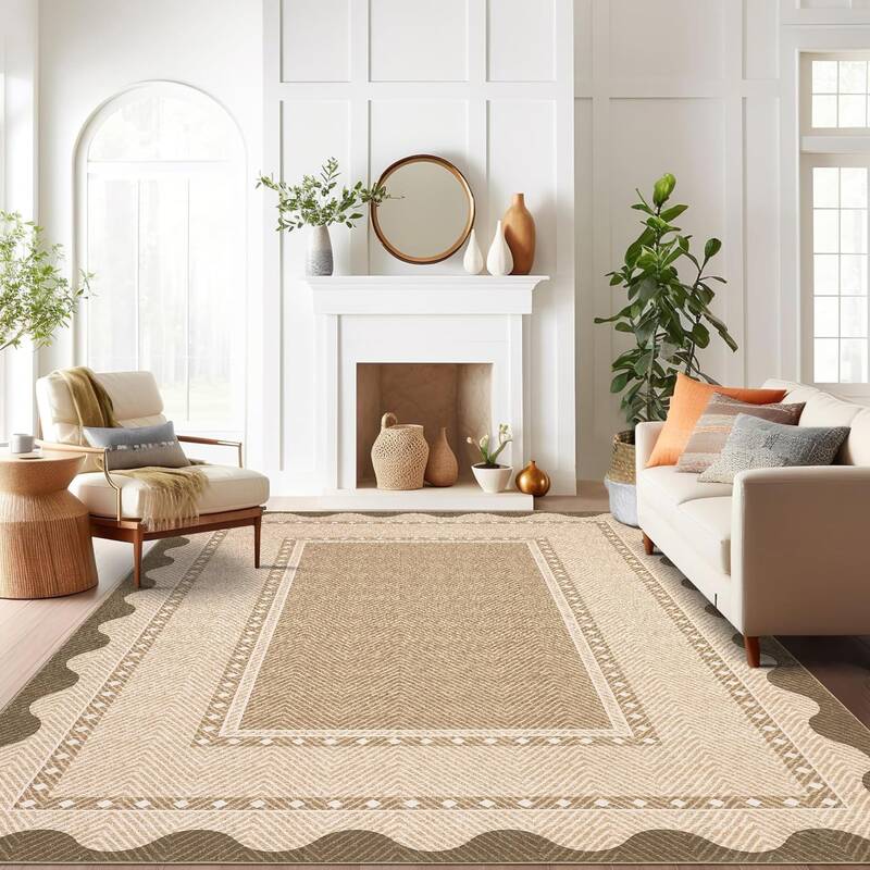 Garvee Border Washable Area Rug 9x12 Tan Modern Neutral Stain Resistant Non Slip Ultra-Soft Low Pile Carpet for Living Room B...