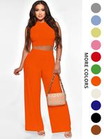 Two-piece Set Women's Solid Textured Co-ord Set, Casual Fabric Round Neck Crop Tank Top & Wide Leg Pants Set, Ladies Summer C...
