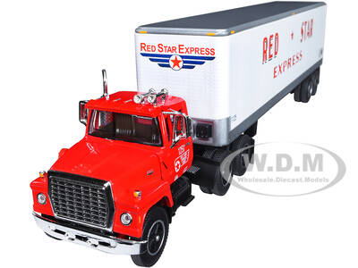 Ford LT-9000 Day Cab with Vintage 40 Dry Goods Tandem-Axle Trailer Red and White \
