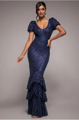 Goddiva Puff Sleeve Tiered Hem Maxi Dress - Navy