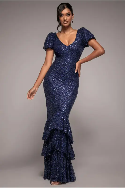 Goddiva Puff Sleeve Tiered Hem Maxi Dress - Navy