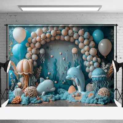 Blue Balloons Jellyfish Dolphin Cake Smash Backdrop