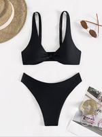 Women's Solid Bikini Set, Adjustable Strap Deep V-neck Swim Top & High Waist Swim Bottoms Set, Ladies Summer Swimwear for Bea...