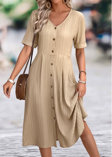 Modlily Light Coffee A Line Short Sleeve V Neck Dress - S
