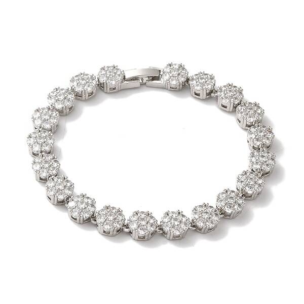 Rack Plating Brass Pave Cubic Zirconia Flower Link Chain Bracelets for Women