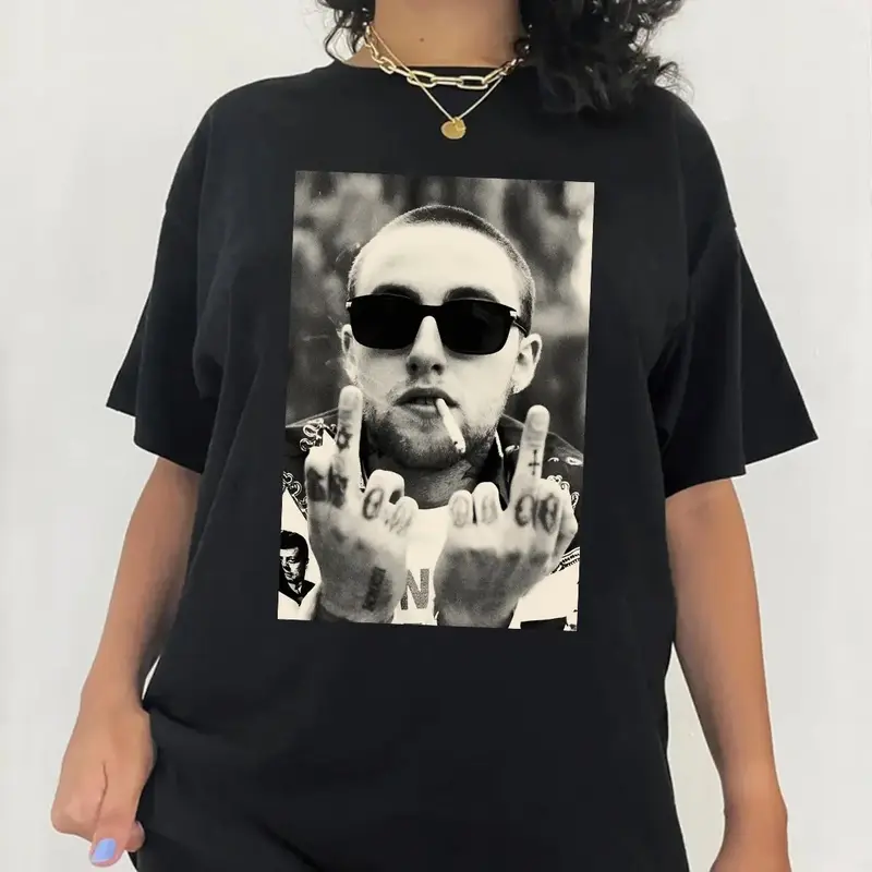 Mac M Middle Finger Tee Short Sleeve Casual Top Cotton Crewneck with Graphic Print