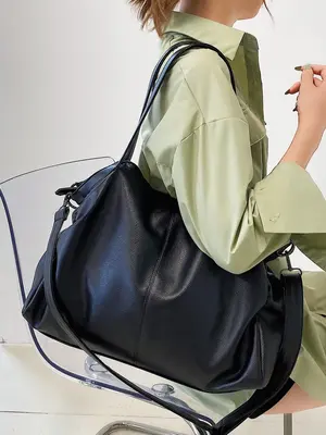 Women's 2025 Spring & Summer Solid Color PU Leather Tote Bag, Fashionable Large Capacity Shoulder Bag for Daily Used, Vinta...