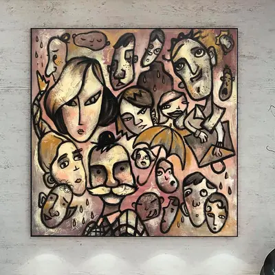 Figurative Oil Painting: Original Abstract Portraits of People on Pink Canvas Acrylic Art in Custom Size for Modern Office or...