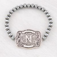 Initial Buckle Navajo Style Bead Bracelet Stretch with Silver Finish and Decorative Buckle Design