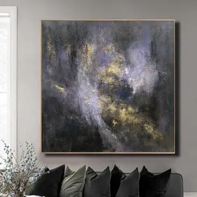 Abstract Painting on Canvas Modern Purple Wall Art Gold Leaf Artwork Heavy Textured Art Monochrome Painting for Aesthetic Dec...