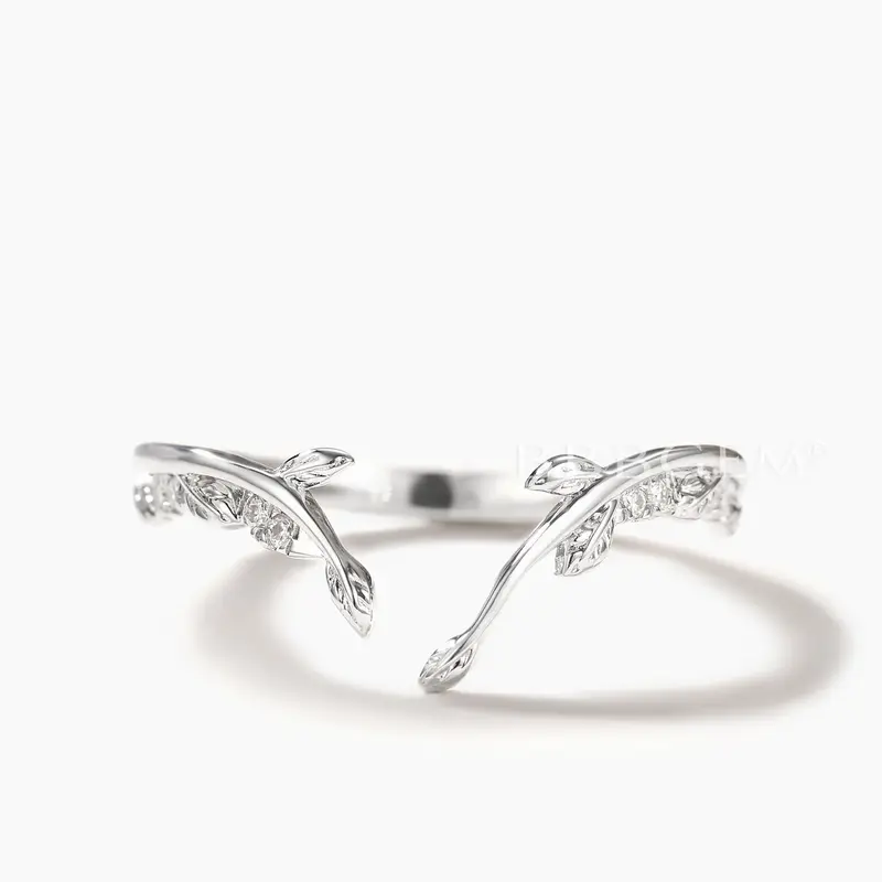 Solid Gold Art Deco Open Curved Natural Diamond Leaf Matching Wedding Band