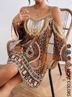 Women's Ethnic Pattern Cold Shoulder Dress, Boho Fashion Long Sleeve Short Dress for Daily Holiday Vacation Wear, Ladies Dres...