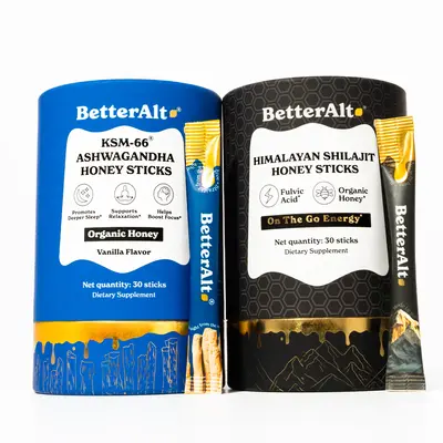BetterAlt Cortisol Reducer Duo | GOLD+ Shilajit Honey Sticks & KSM-66 Ashwagandha Honey Sticks | Dietary Supplement for Energ...