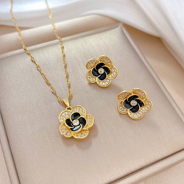 Brass Micro Pave Cubic Zirconia Pendant Necklace & Stud Earrings