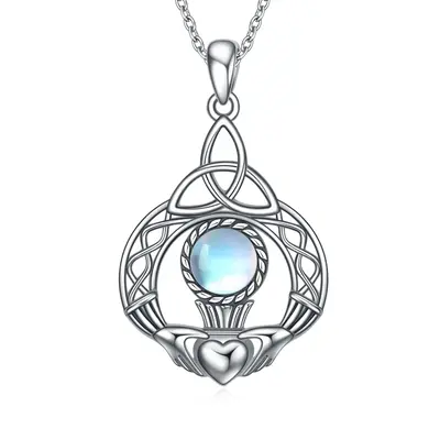 Sterling Silver Round Moonstone Celtic Knot Pendant Necklace