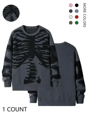 Halloween Outfit Ideas, Men's Halloween Themed Skeleton Print Round Neck Drop Shoulder Sweater, Loose Fashion Casual Soft C...