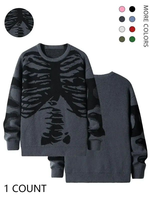 Halloween Outfit Ideas, Men's Halloween Themed Skeleton Print Round Neck Drop Shoulder Sweater, Loose Fashion Casual Soft C...