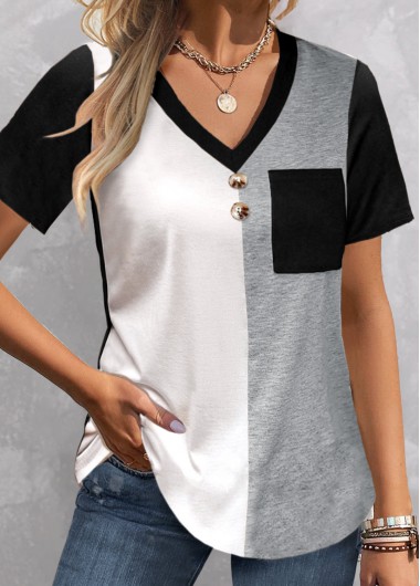 Modlily Black Patchwork Short Sleeve V Neck T Shirt - M